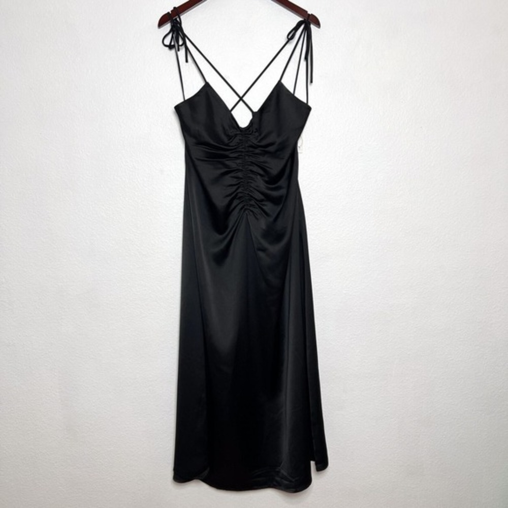 Jason Wu Black Strappy Satin‎ Slip Ruched Front Midi Dress Size XL